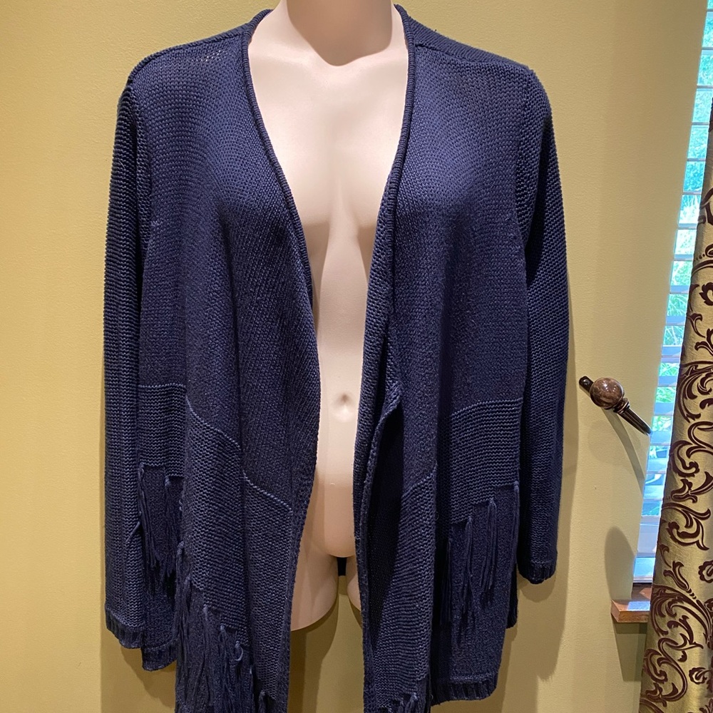 INC blue sweater with fringe accents